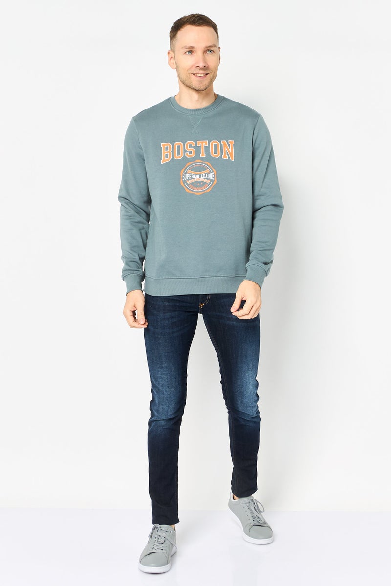 Threadbare Men Ribbed Neck Graphic Print Long Sleeve Sweatshirt, Sage Green - Image 3