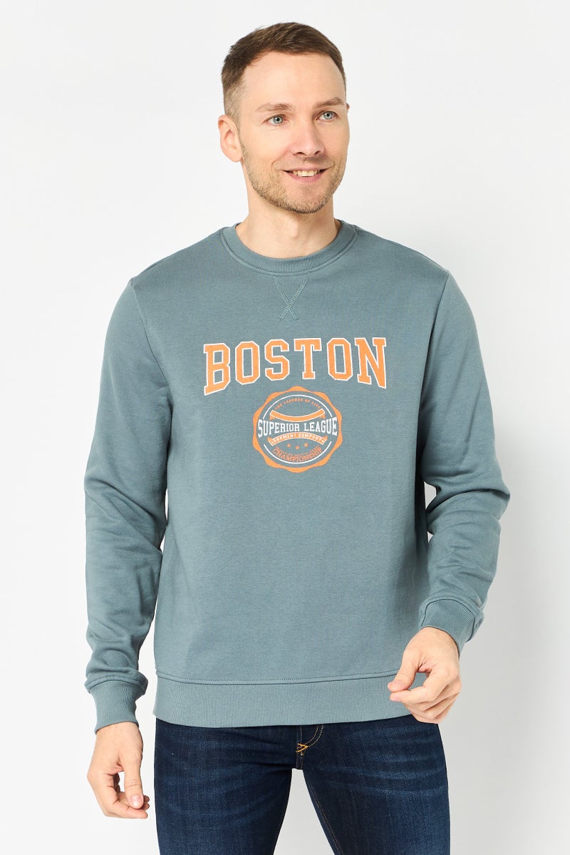 Threadbare Men Ribbed Neck Graphic Print Long Sleeve Sweatshirt, Sage Green - Image 1