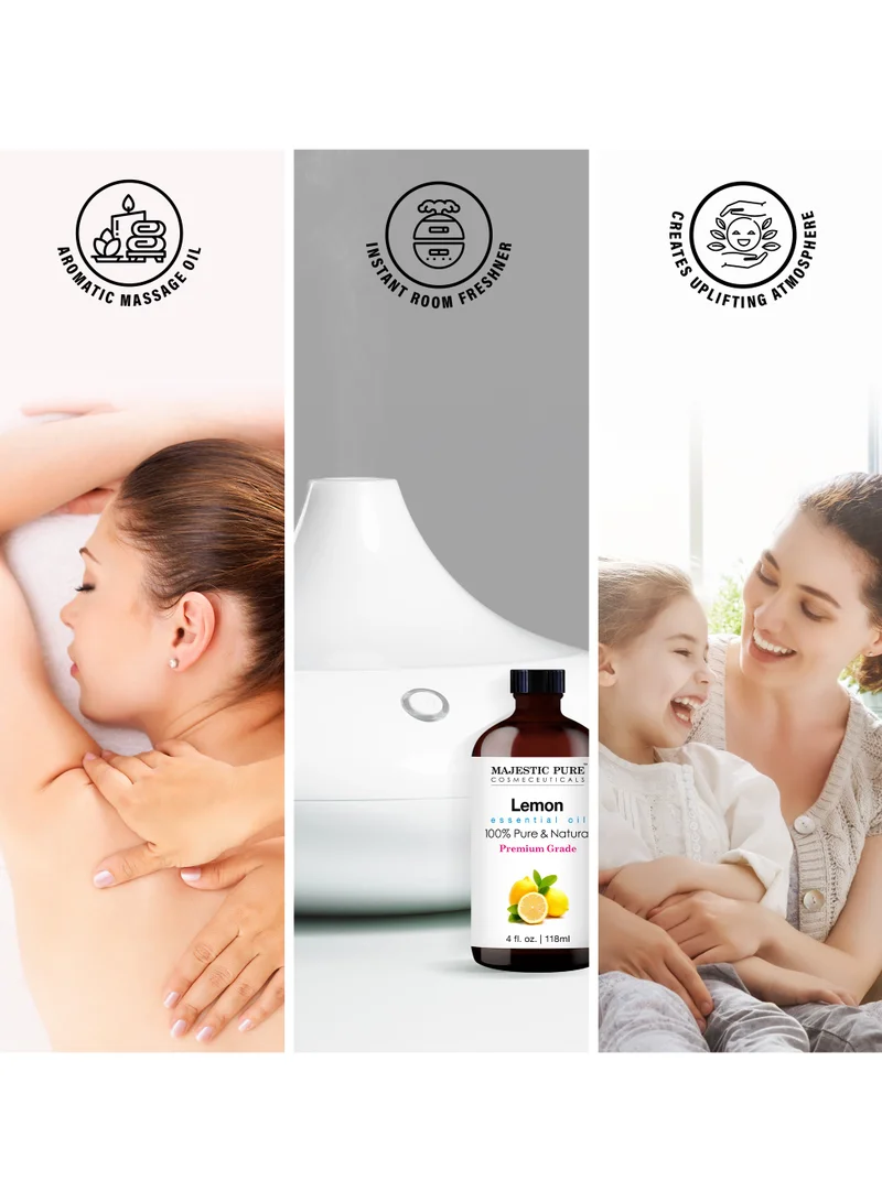 Majestic Pure  Essential Oil with Glass Dropper - 118ml 100% Pure and Natural - Essential Oils for Diffuser, Aromatherapy, Soap and Candle Making, Lemon Essential Oil, Lemon Oil | 100% pure and natural lemon oil. High-quality essential oils for diffusers, skin, aromatherapy, massage  | Best Price UAE