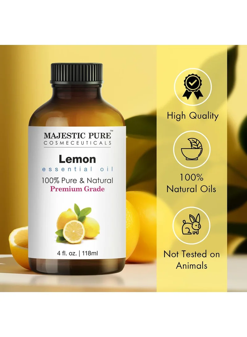 Majestic Pure  Essential Oil with Glass Dropper - 118ml 100% Pure and Natural - Essential Oils for Diffuser, Aromatherapy, Soap and Candle Making, Lemon Essential Oil, Lemon Oil | 100% pure and natural lemon oil. High-quality essential oils for diffusers, skin, aromatherapy, massage  | Best Price UAE