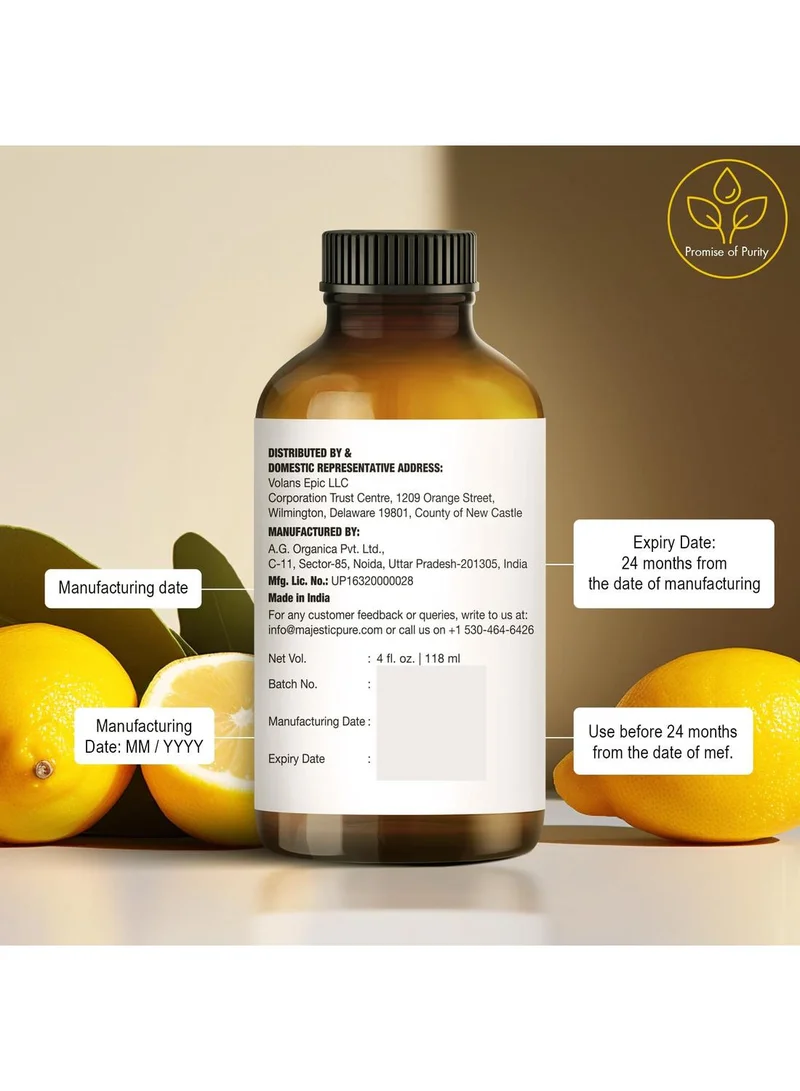 Majestic Pure  Essential Oil with Glass Dropper - 118ml 100% Pure and Natural - Essential Oils for Diffuser, Aromatherapy, Soap and Candle Making, Lemon Essential Oil, Lemon Oil | 100% pure and natural lemon oil. High-quality essential oils for diffusers, skin, aromatherapy, massage  | Best Price UAE