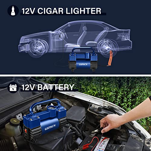 GSPSCN Blue Tire Inflator Heavy Duty Double Cylinders with Portable Bag - Car Accessories，Metal DC 12V Air Compressor Pump 150PSI w/Adapter for Car, Truck, SUV Tires, Dinghy, Air Bed, RV etc - Image 5