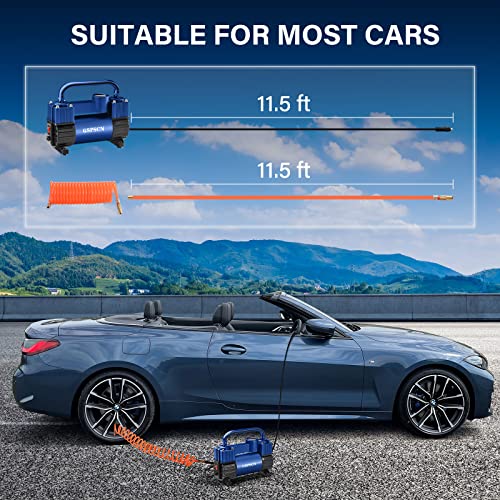 GSPSCN Blue Tire Inflator Heavy Duty Double Cylinders with Portable Bag - Car Accessories，Metal DC 12V Air Compressor Pump 150PSI w/Adapter for Car, Truck, SUV Tires, Dinghy, Air Bed, RV etc - Image 2