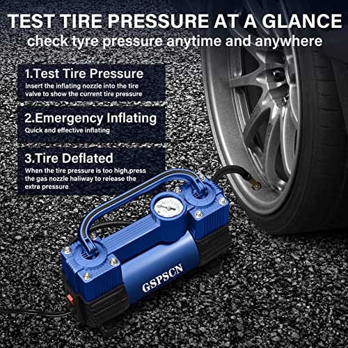 GSPSCN Blue Tire Inflator Heavy Duty Double Cylinders with Portable Bag - Car Accessories，Metal DC 12V Air Compressor Pump 150PSI w/Adapter for Car, Truck, SUV Tires, Dinghy, Air Bed, RV etc - Image 4