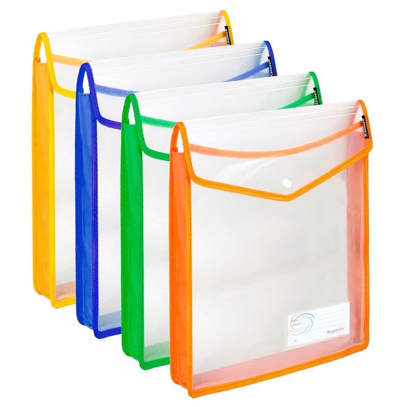 Shuban 4 Pcs Plastic File Folder Vertical Poly Envelope Expanding File Document Organizer FS Size with Snap Closure & Label Pocket Clear Colored File Pouch for Office Home Storage (Assorted Color) - Image 1