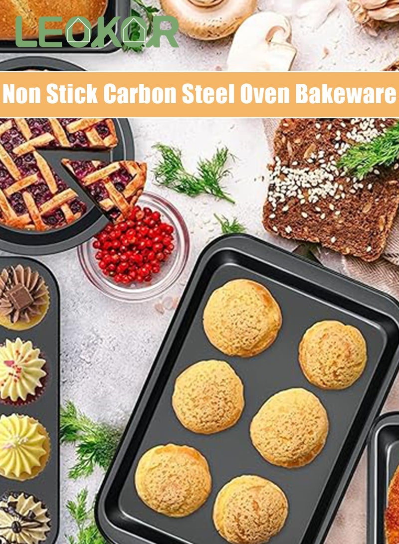 LEOKOR مجموعة صواني الخبز 5 قطع، مجموعة صواني خبز غير لاصقة من الصلب الكربوني مع صينية خبز، صندوق توست، صينية كوكي، صينية بيتزا، صينية كعك وصينية خبز مافن 12 كوب، مجموعة أدوات الخبز للطهي باللون الأسود - Image 2