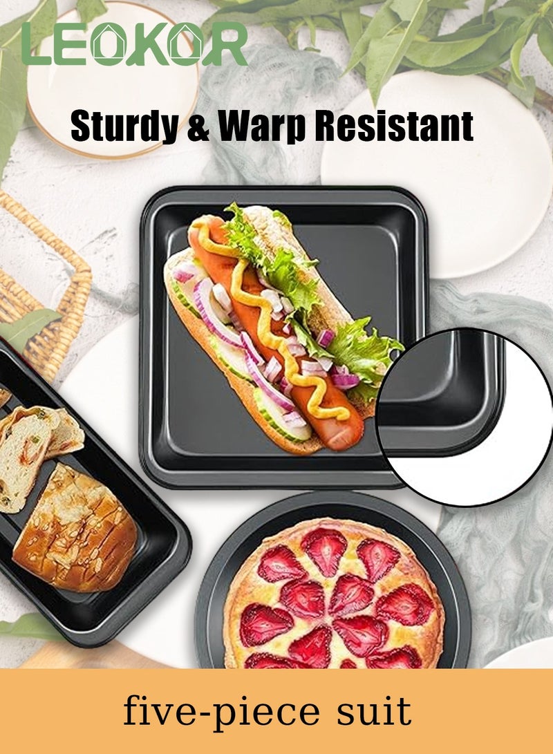 LEOKOR مجموعة صواني الخبز 5 قطع، مجموعة صواني خبز غير لاصقة من الصلب الكربوني مع صينية خبز، صندوق توست، صينية كوكي، صينية بيتزا، صينية كعك وصينية خبز مافن 12 كوب، مجموعة أدوات الخبز للطهي باللون الأسود - Image 3