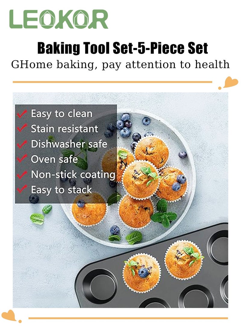 LEOKOR مجموعة صواني الخبز 5 قطع، مجموعة صواني خبز غير لاصقة من الصلب الكربوني مع صينية خبز، صندوق توست، صينية كوكي، صينية بيتزا، صينية كعك وصينية خبز مافن 12 كوب، مجموعة أدوات الخبز للطهي باللون الأسود - Image 4