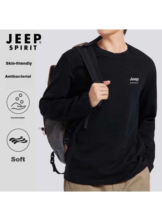 JEEP SPIRIT تي شيرت جيب سبيريت بأكمام طويلة للرجال، قطن نقي، سترة داخلية فضفاضة، قمة غير رسمية مريحة، ملابس رجالية، أسود، مقاس م - Image 1