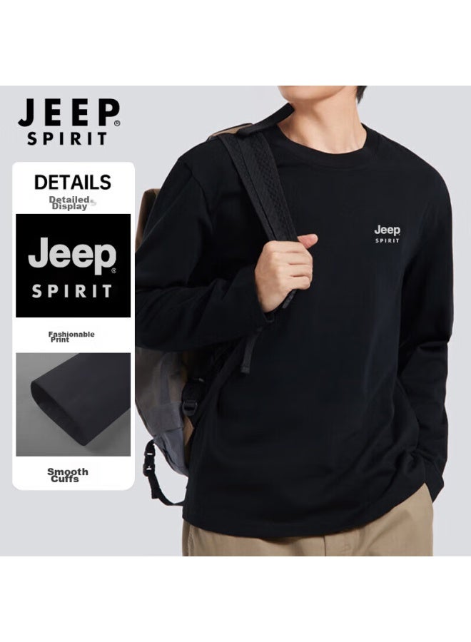 JEEP SPIRIT تي شيرت جيب سبيريت بأكمام طويلة للرجال، قطن نقي، سترة داخلية فضفاضة، قمة غير رسمية مريحة، ملابس رجالية، أسود، مقاس م - Image 2