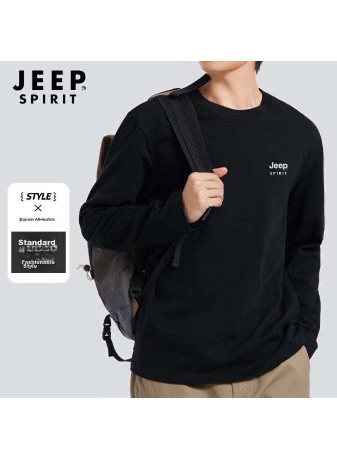 JEEP SPIRIT تي شيرت جيب سبيريت بأكمام طويلة للرجال، قطن نقي، سترة داخلية فضفاضة، قمة غير رسمية مريحة، ملابس رجالية، أسود، مقاس م - Image 3