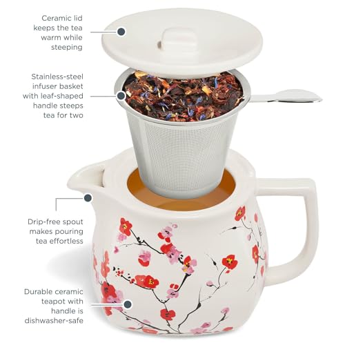 Tea Forte Ceramic Teapot with Removable Stainless Steel Infuser Basket and Lid, Steeps 24 oz. Loose Leaf Tea, Dishwasher & Microwave Safe, Sakura Cherry Blossom - Image 4