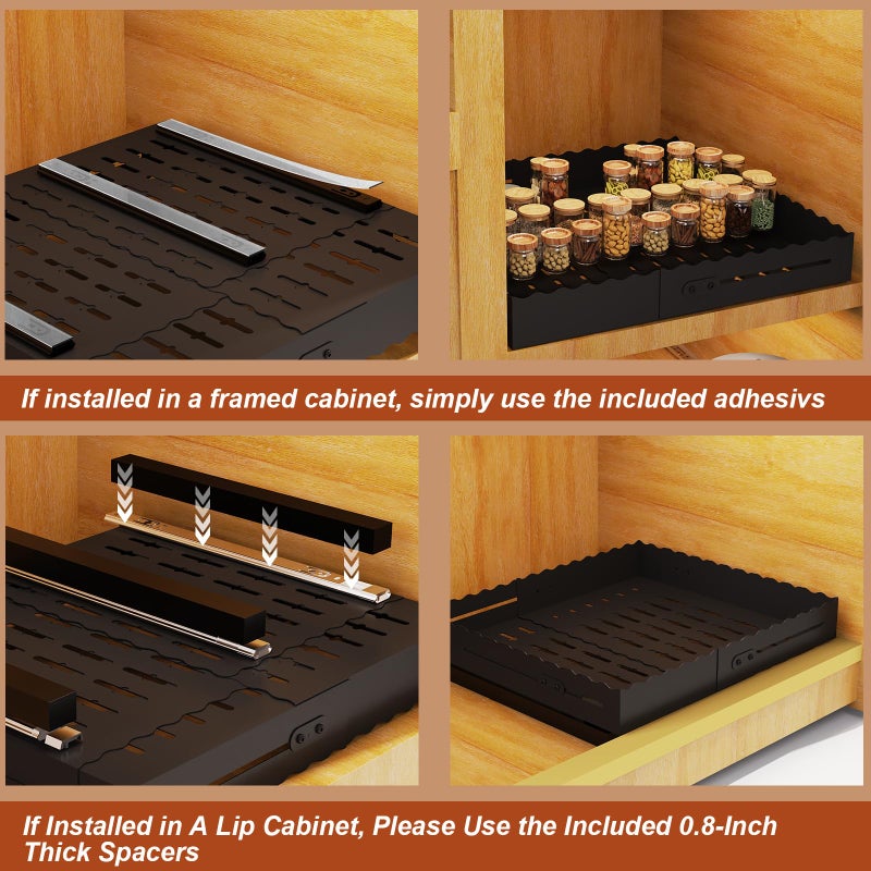 FOXHIVE Expandable Pull Out Cabinet Organizer - Adjustable Width 12-18" & Depth 13-23", 3-Rail Heavy Duty Slide Out Drawer, No-Drills Adhesive Mount, Fits Lip & Lip-Free Cabinets(Black) - Image 5