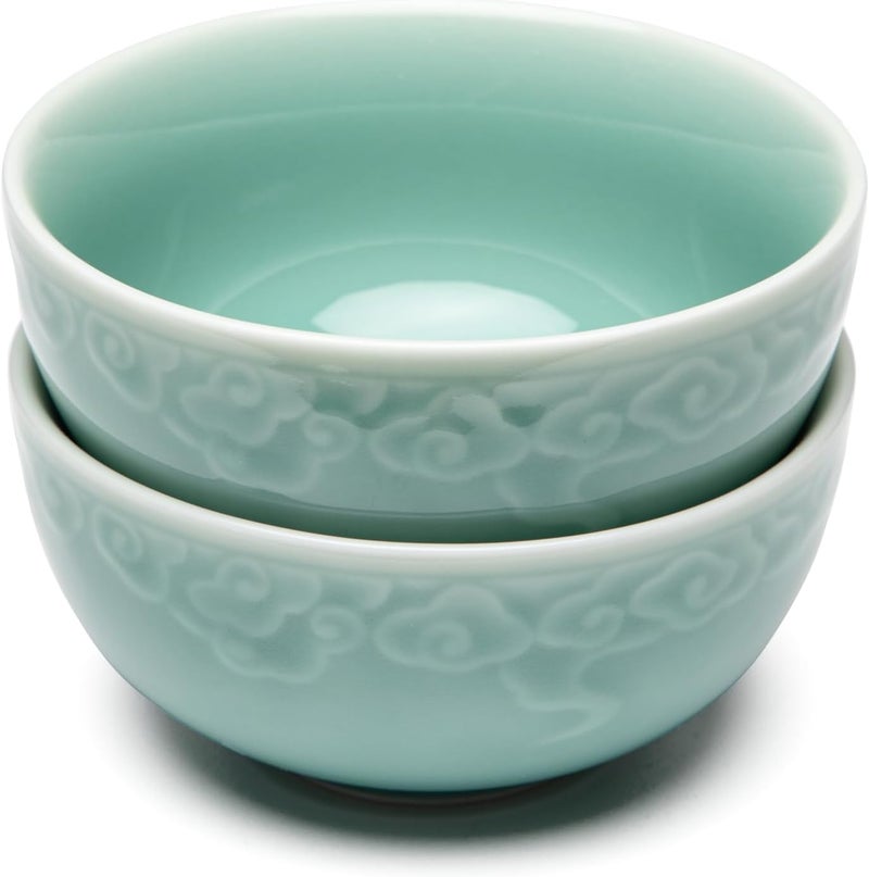 SILINE 45 Green Porcelain Bowls Set of 2Genuine Longquan Celadon 98 Oz Rice Bowls Sky Cyan