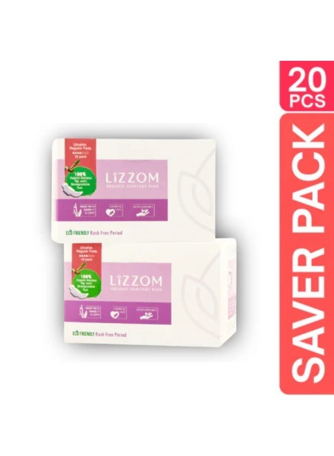 LiZZOM Organic Ultra Thin Regular Sanitary Pads with Wings, Pack of 2 (20 Pads), Bamboo Top Sheet, Biodegradable Back Sheet - Image 1