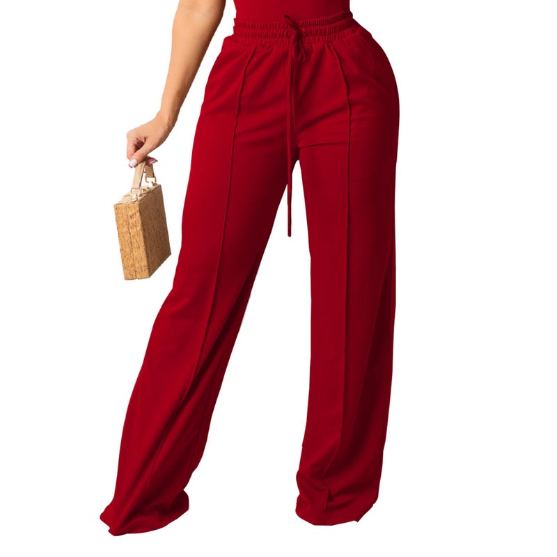 PINSV Women's Casual Wide Leg Pants High Waisted Drawstring Baggy Sweatpants Elastic Straight Leg Lounge Pants Red XXL - Image 1