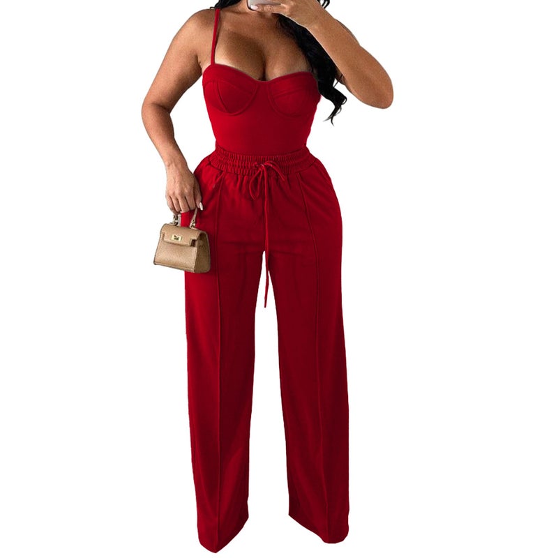 PINSV Women's Casual Wide Leg Pants High Waisted Drawstring Baggy Sweatpants Elastic Straight Leg Lounge Pants Red XXL - Image 4