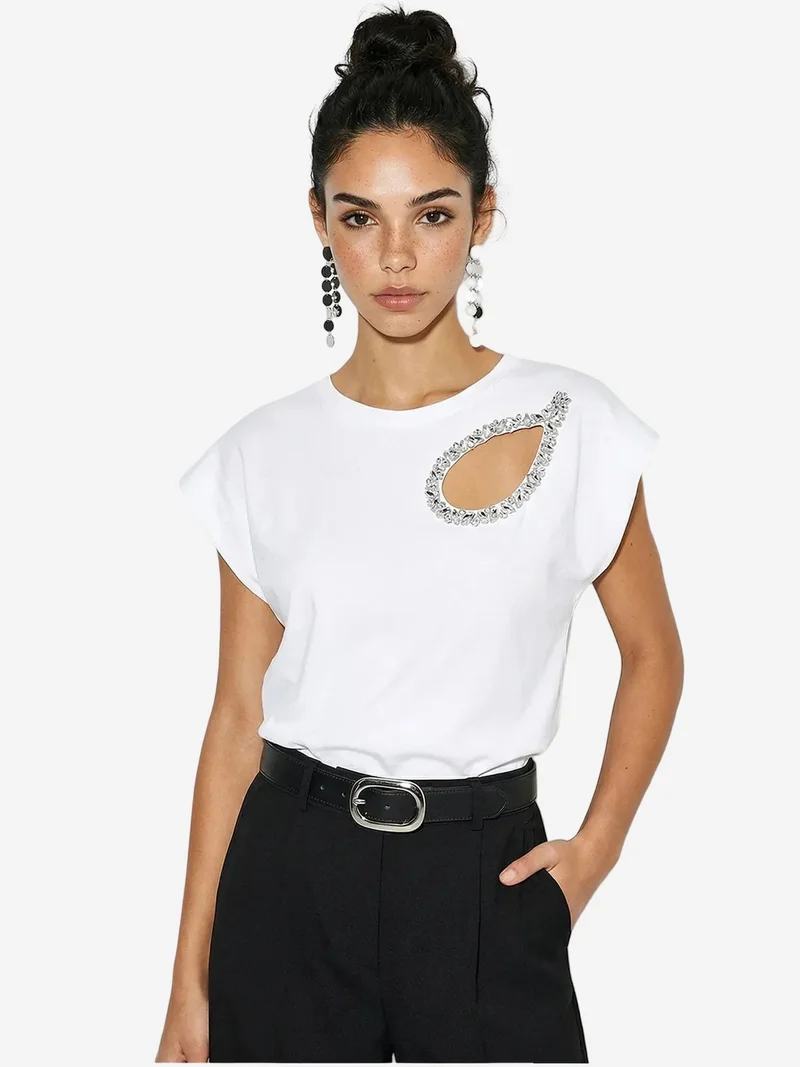 بيانكو لوتشي LUCCI Cut Out Crew Neck T-Shirt