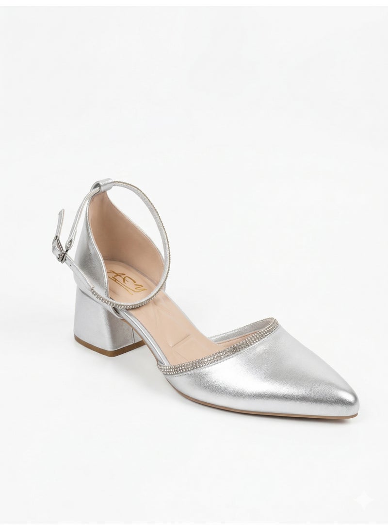 لايف ستيلاش  أحذية كعب متوسط جلد بشريط الماظ F-617 - فضي - Image 2