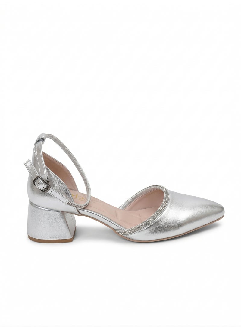 لايف ستيلاش  أحذية كعب متوسط جلد بشريط الماظ F-617 - فضي - Image 3