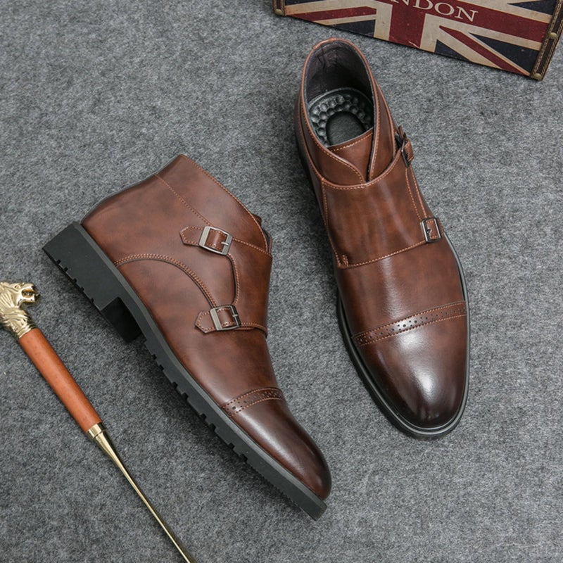 ANUFER Men's Elegant Double Buckle Monk Pointed Ankle Boots Business Elegant Shoes Coffee SD5A1110 EU41 - Image 2