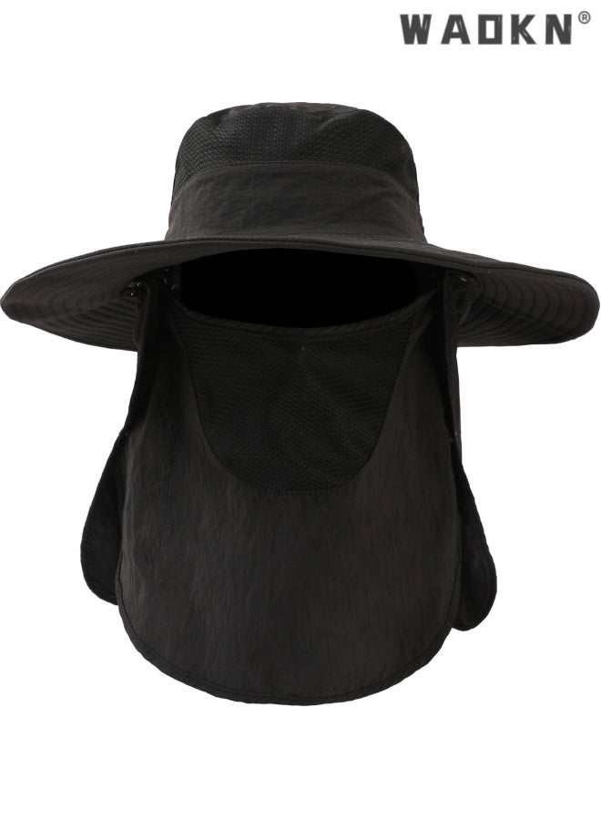 WAOKN Sun Hat Bucket Hats for Men Women,Outdoor Wide Brim Fishing Hat with Detachable Face Cover & Neck Flap UV Protection,Quick drying breathable outdoor hiking sun hat,Head circumference adjustable from 55-60cm,black. - Image 1