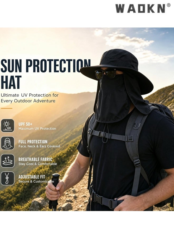 WAOKN Sun Hat Bucket Hats for Men Women,Outdoor Wide Brim Fishing Hat with Detachable Face Cover & Neck Flap UV Protection,Quick drying breathable outdoor hiking sun hat,Head circumference adjustable from 55-60cm,black. - Image 4