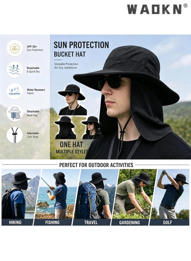 WAOKN Sun Hat Bucket Hats for Men Women,Outdoor Wide Brim Fishing Hat with Detachable Face Cover & Neck Flap UV Protection,Quick drying breathable outdoor hiking sun hat,Head circumference adjustable from 55-60cm,black. - Image 3