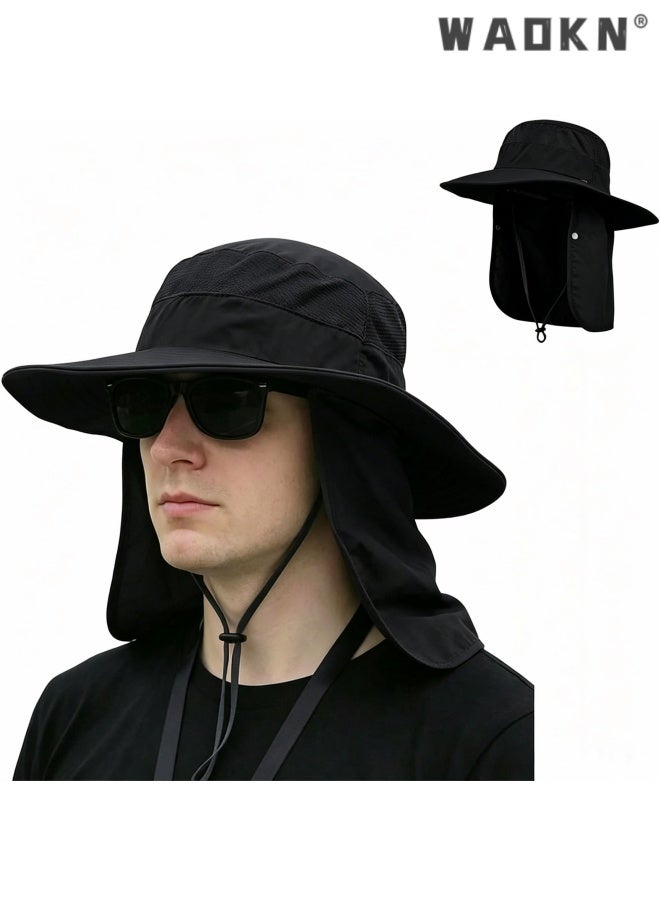 WAOKN Sun Hat Bucket Hats for Men Women,Outdoor Wide Brim Fishing Hat with Detachable Face Cover & Neck Flap UV Protection,Quick drying breathable outdoor hiking sun hat,Head circumference adjustable from 55-60cm,black. - Image 5