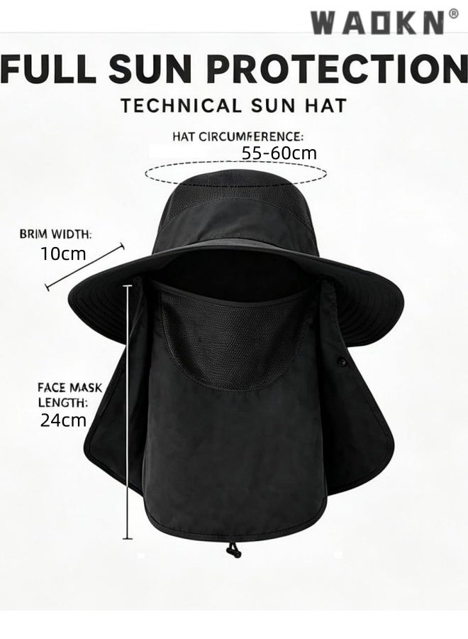 WAOKN Sun Hat Bucket Hats for Men Women,Outdoor Wide Brim Fishing Hat with Detachable Face Cover & Neck Flap UV Protection,Quick drying breathable outdoor hiking sun hat,Head circumference adjustable from 55-60cm,black. - Image 2