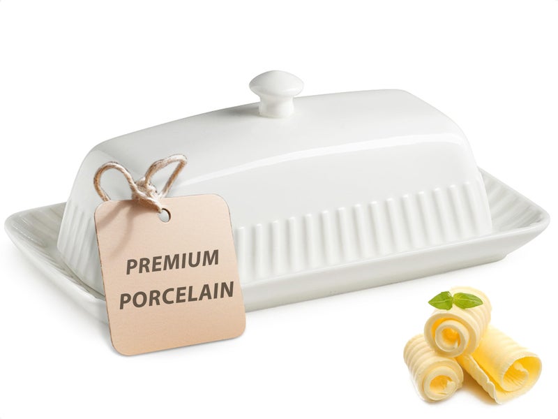 YHOJOY Ceramic Butter Dish with Lid White Butter Holder Container with Porcelain Cover Knob Handle Butter Dishes for Countertop Refrigerator Perfect for East West Coast Butter Storage Striped