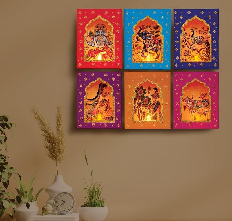 SVM CRAFT Jharokha Diyas Set of 6 with LED Candle Diwali Decoration Items,Wall Hanging, Home Decor Items Festive Decor Item, DIY Craft Traditional Jharokha Box for Hanging - Image 1