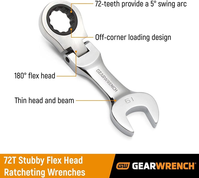GEARWRENCH 7 Piece 12 Point Stubby Flex Head Ratcheting Combination Wrench Set, SAE - Model 9570 - Image 2