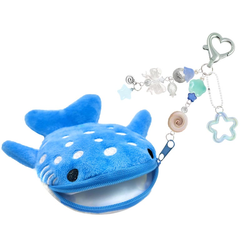 YTYAB Whale Shark Coin Purse Keychain,Cute Plush Change Purse with Zipper Keychain,Kawaii Handmade Wallet Coin Pouches,Heart Star Butterfly Key Chain Bag Charm for Women(Blue) - Image 1