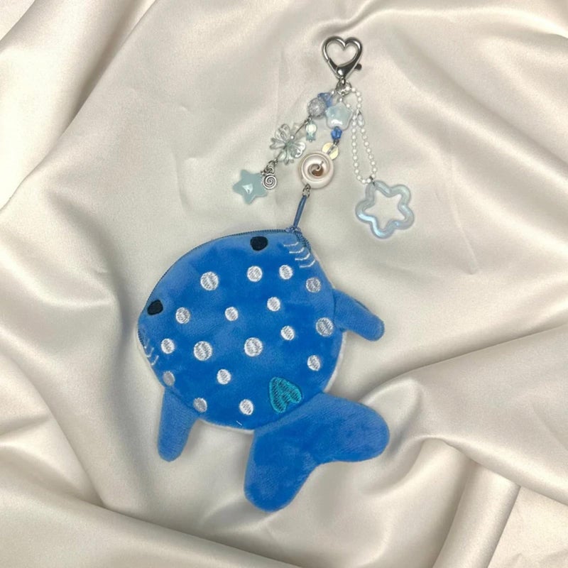 YTYAB Whale Shark Coin Purse Keychain,Cute Plush Change Purse with Zipper Keychain,Kawaii Handmade Wallet Coin Pouches,Heart Star Butterfly Key Chain Bag Charm for Women(Blue) - Image 2