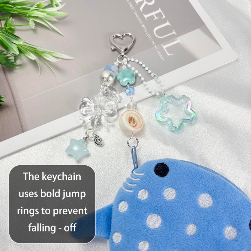 YTYAB Whale Shark Coin Purse Keychain,Cute Plush Change Purse with Zipper Keychain,Kawaii Handmade Wallet Coin Pouches,Heart Star Butterfly Key Chain Bag Charm for Women(Blue) - Image 4