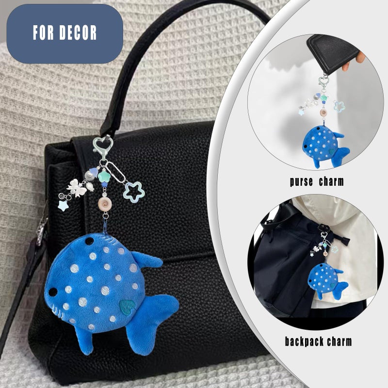 YTYAB Whale Shark Coin Purse Keychain,Cute Plush Change Purse with Zipper Keychain,Kawaii Handmade Wallet Coin Pouches,Heart Star Butterfly Key Chain Bag Charm for Women(Blue) - Image 3