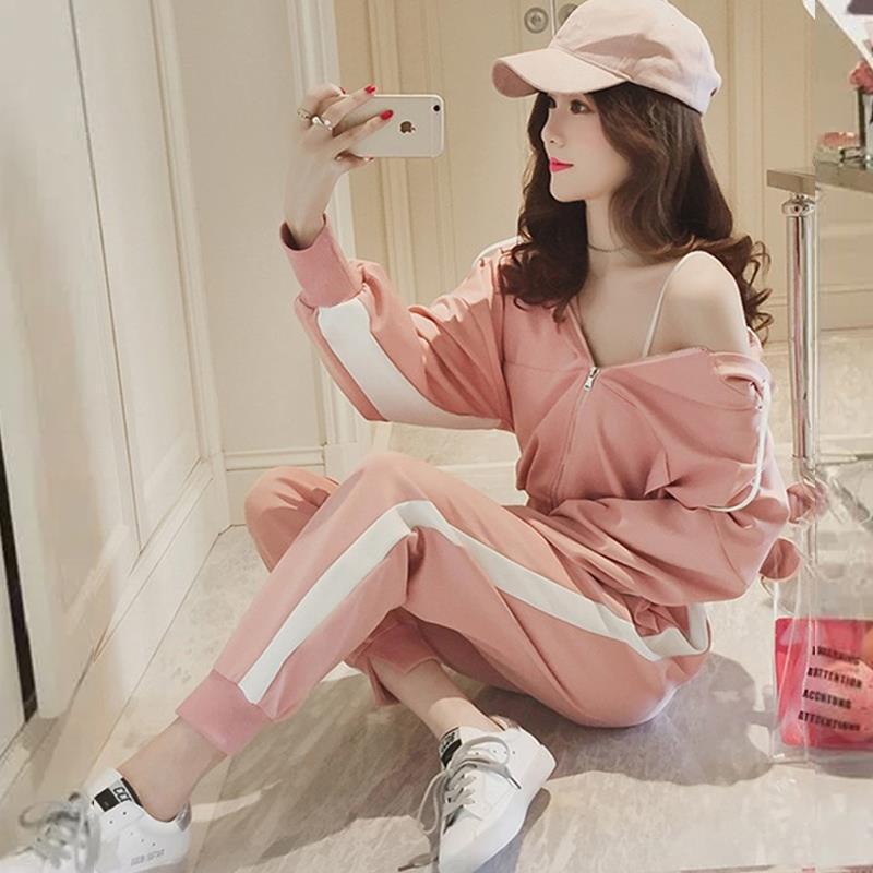 2023 Korean New Casual Hoodie  Pants Set Pink [Top + pants] version two-piece set 
