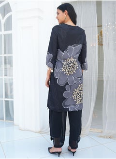  قصة Women's Charcoal Black Grandiflora Imprint Kurta Set  - Image 4