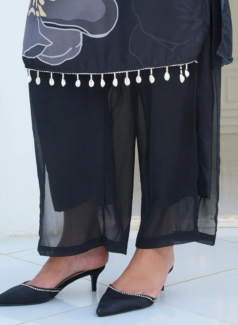 QISSA Women's Charcoal Black Grandiflora Imprint Kurta Set