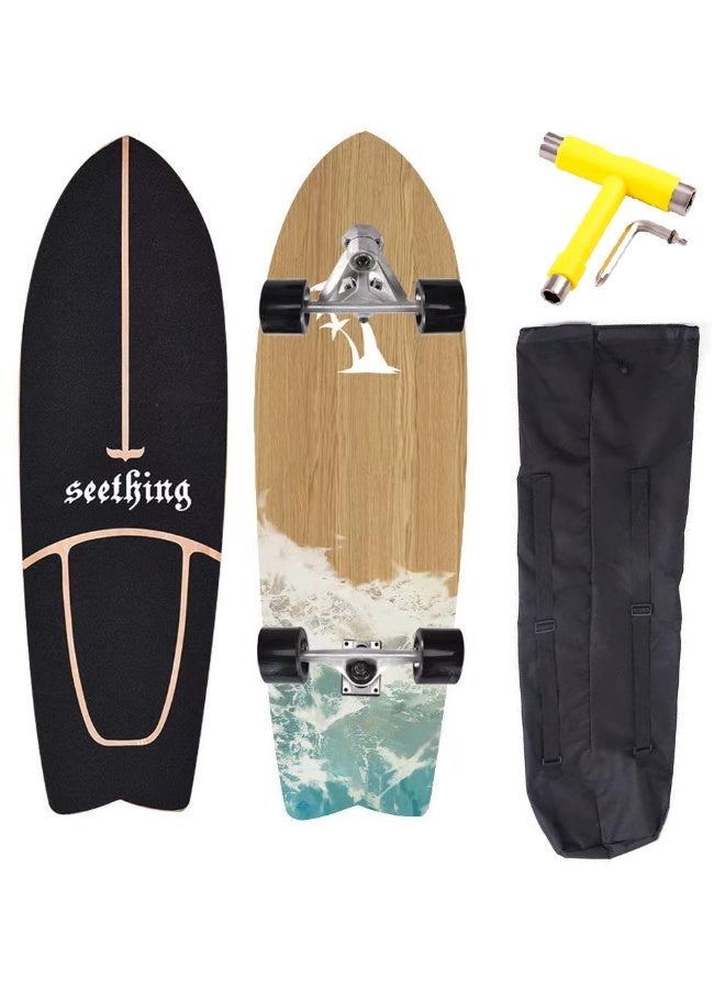 Seething 32 Inch CX7 Swallow Surf Skateboard With Backpack & Tool, Waves - Image 1