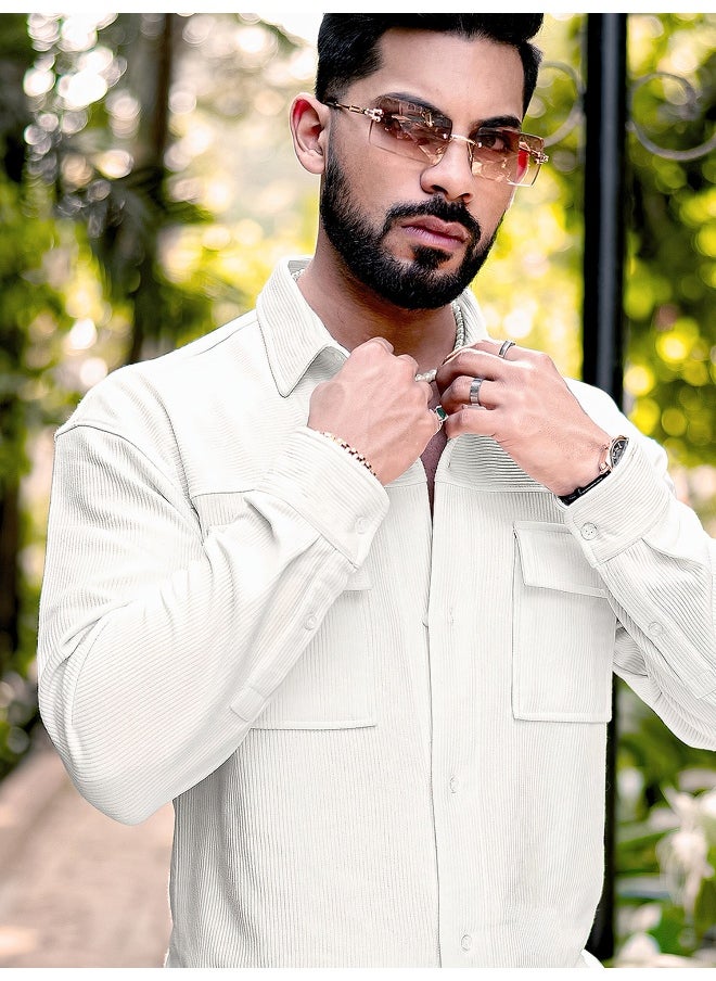 Maniac Mens Solid Collared Neck Full Sleeve White Knitted Shirt  - Image 3