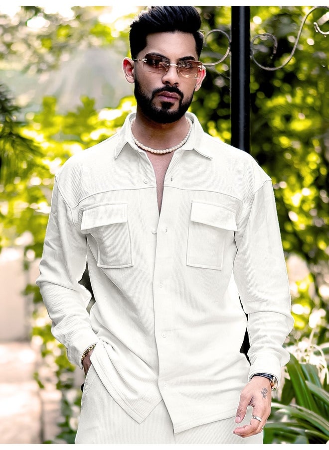 Maniac Mens Solid Collared Neck Full Sleeve White Knitted Shirt  - Image 1