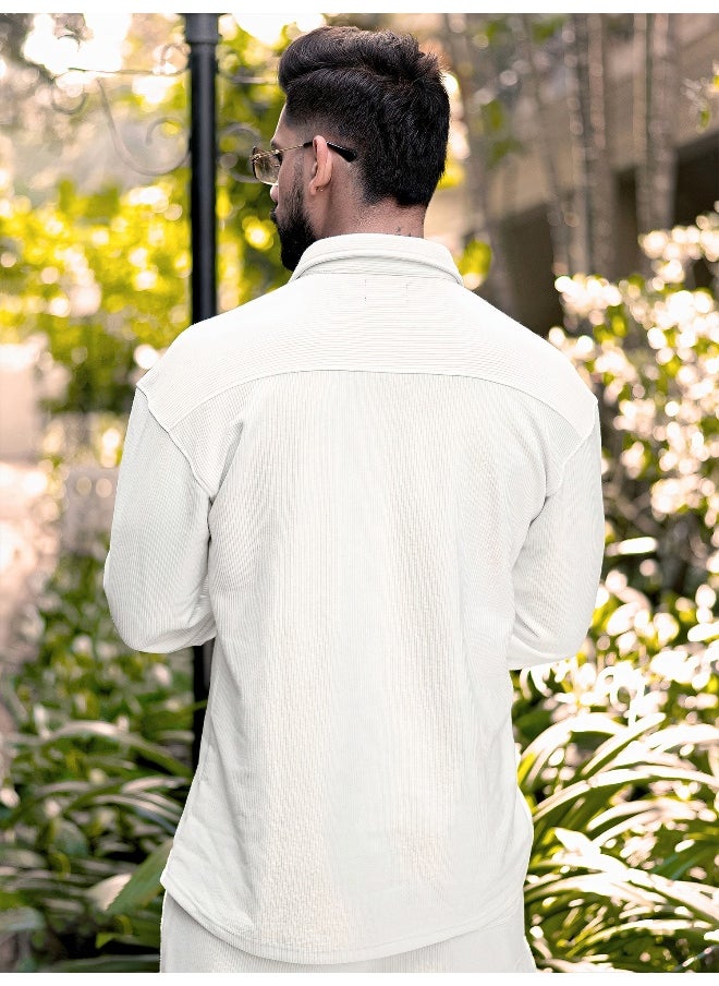 Maniac Mens Solid Collared Neck Full Sleeve White Knitted Shirt  - Image 4