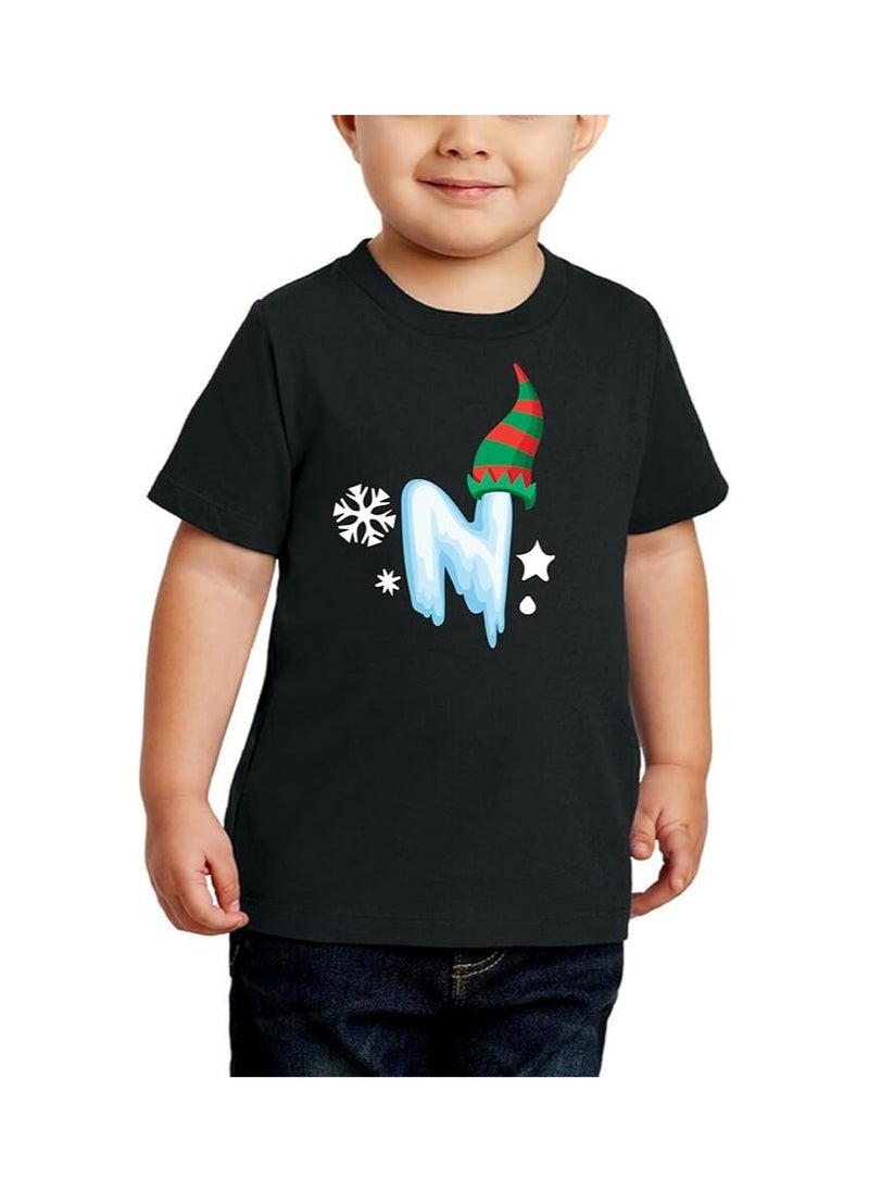 PRINTSHOP4ME - Christmas Initial Letter Printed Kids T-Shirts For Boys-Fun And Festive Holiday Gift For Your Little Guy-Gifts For Friends And Family Printed Round Neck T-Shirts For Kids - Image 1
