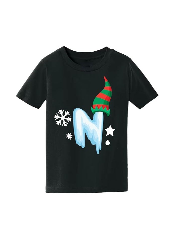 PRINTSHOP4ME - Christmas Initial Letter Printed Kids T-Shirts For Boys-Fun And Festive Holiday Gift For Your Little Guy-Gifts For Friends And Family Printed Round Neck T-Shirts For Kids - Image 1