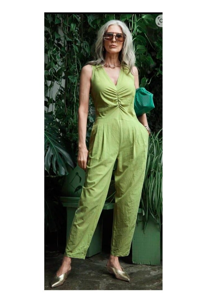 Shein ffortlessly Chic Summer V-Neck Ruched Green Jumpsuit For Vacation  - Image 1