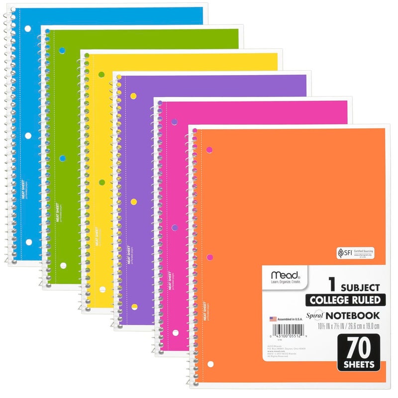 Mead Spiral Notebook, 6 Pack, 1 Subject, College Ruled Paper, 7-1/2" x 10-1/2", 70 Sheets per Notebook, Assorted Bright Colors (830050-ECM) - Image 1
