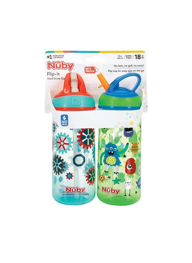 Nuby Nuby 2 Pack Iridescent Flip-it Kids On-The-Go Printed Water Bottle with Bite Proof Hard Straw - 18oz / 540 ml, 18+ Months, 2 pk (Aqua/Green)  - Image 1