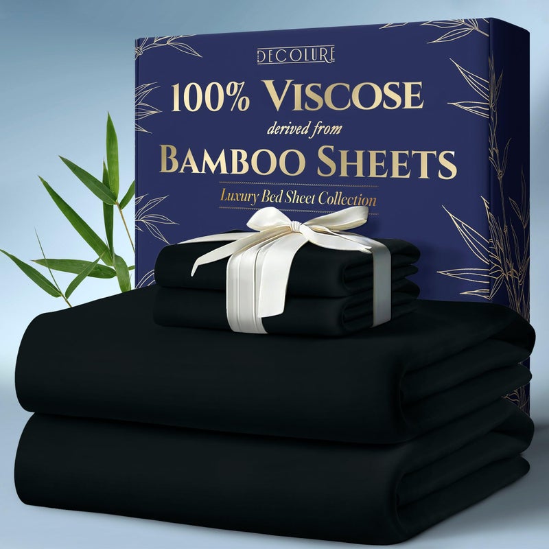 DECOLURE 100 Viscose Derived from Bamboo Sheets Queen Size 4pcs  Ultra Soft  Luxuriously Cooling 17 Deep Pocket Double Stitching Perfect for Hot Sleepers  Queen Bed Sheets Black
